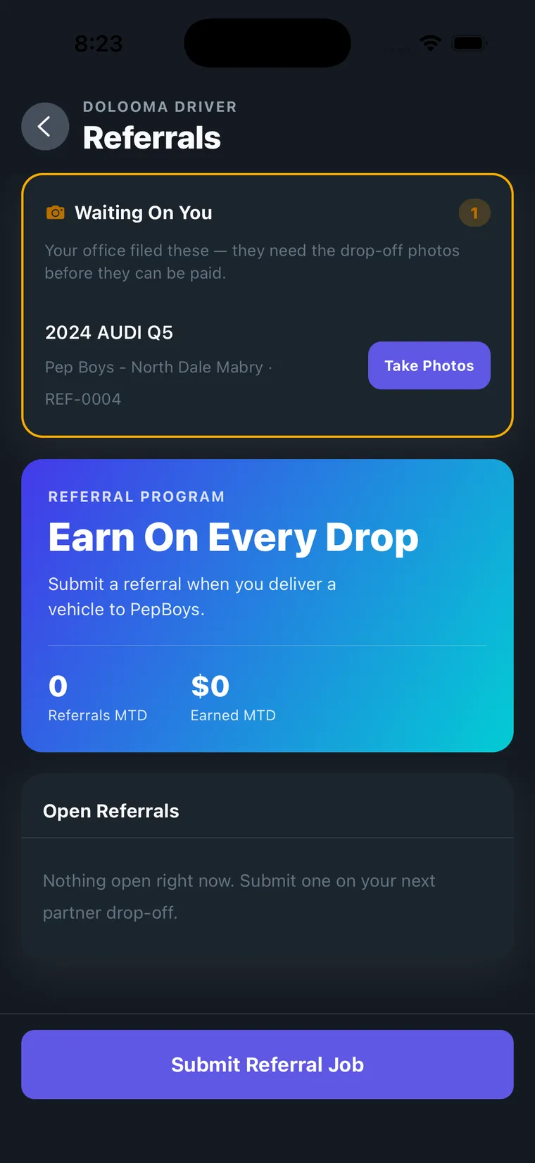 The driver’s Referrals screen with an orange Waiting On You card showing the vehicle, store, referral ID and a Take Photos button