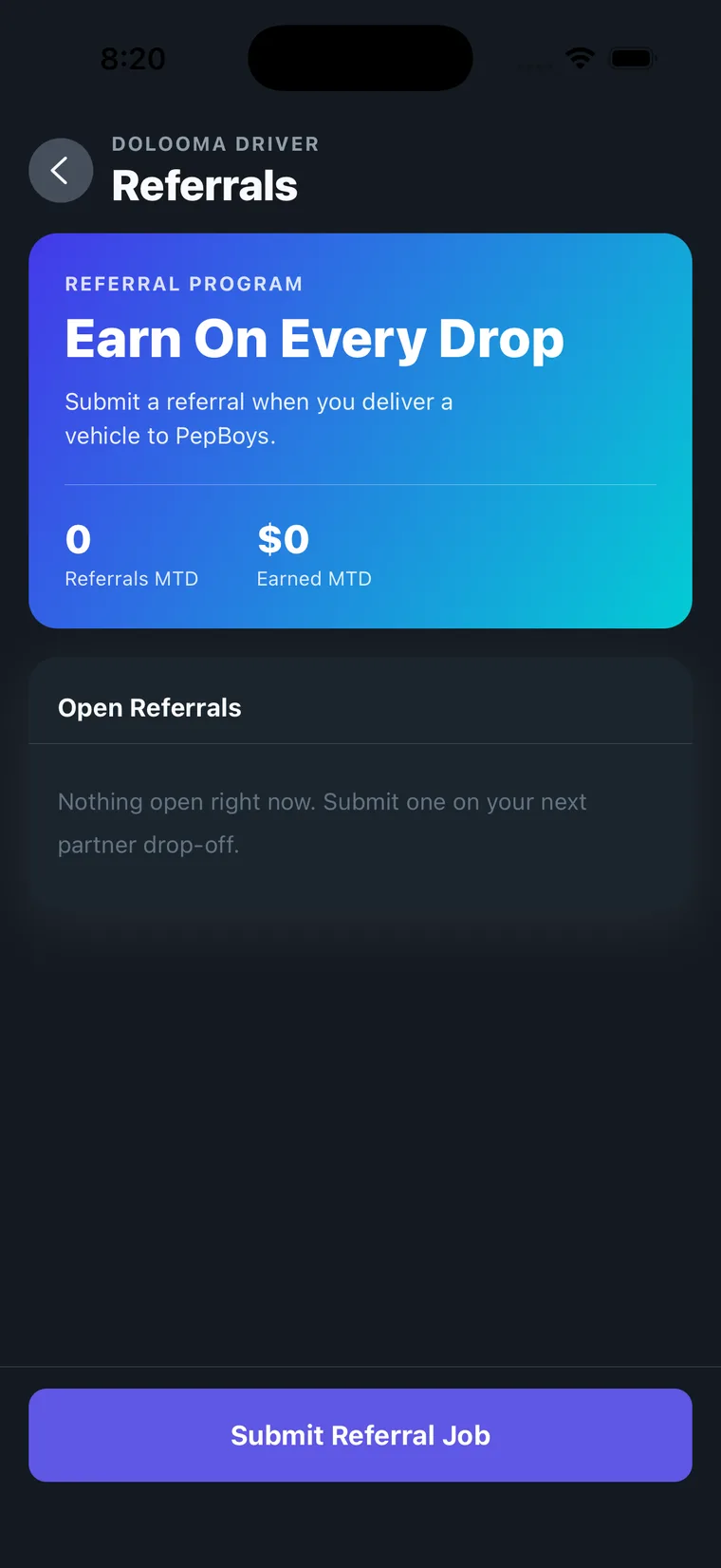 The Referrals home screen with month-to-date counts, an empty Open Referrals list, and the Submit Referral Job button