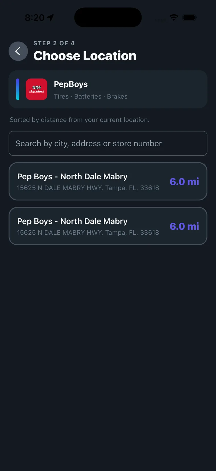 Step 2 of 4, choose location, with nearby Pep Boys stores and distances