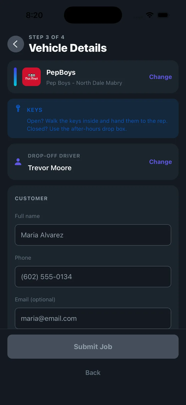 Step 3 showing the chosen store, keys reminder, drop-off driver and customer fields