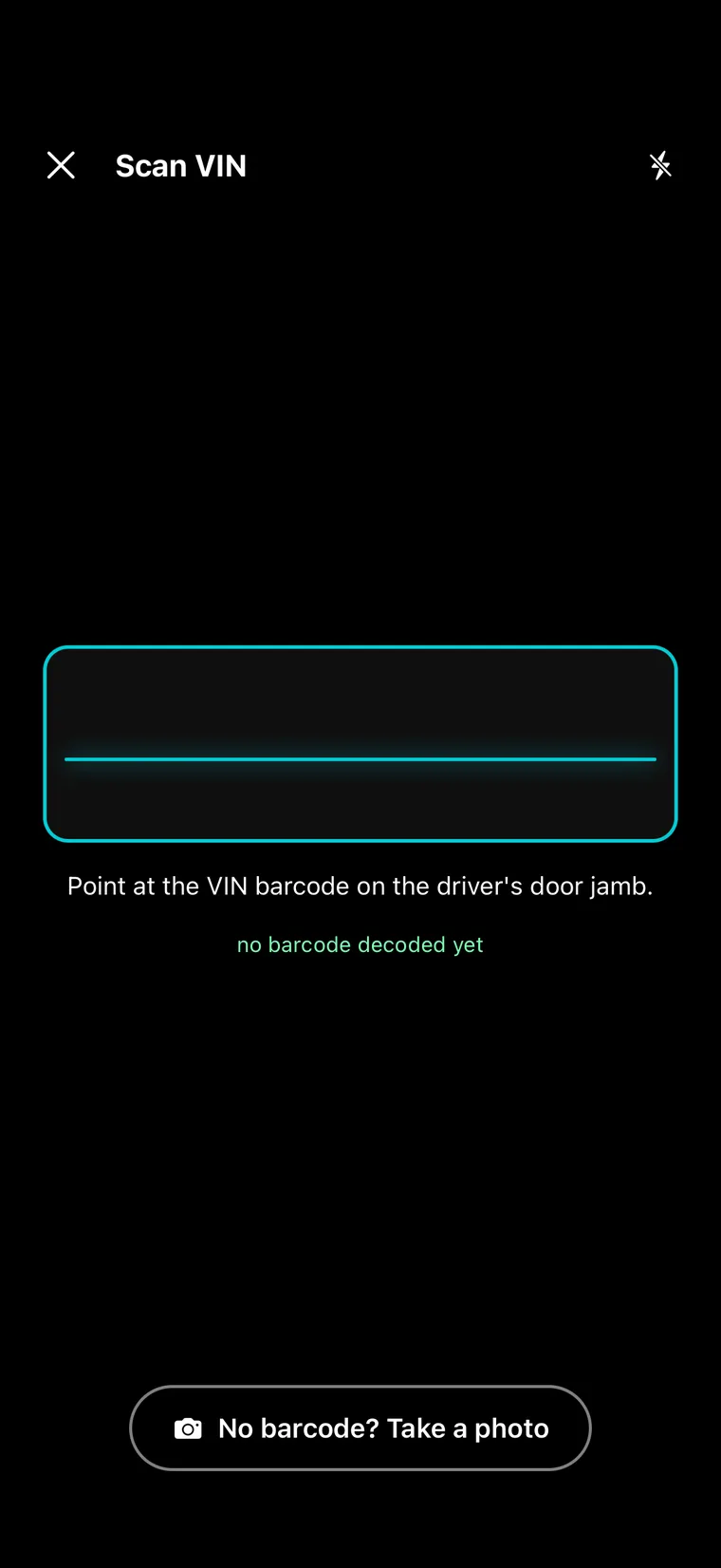 The VIN barcode scanner with the door jamb prompt and a fallback photo button