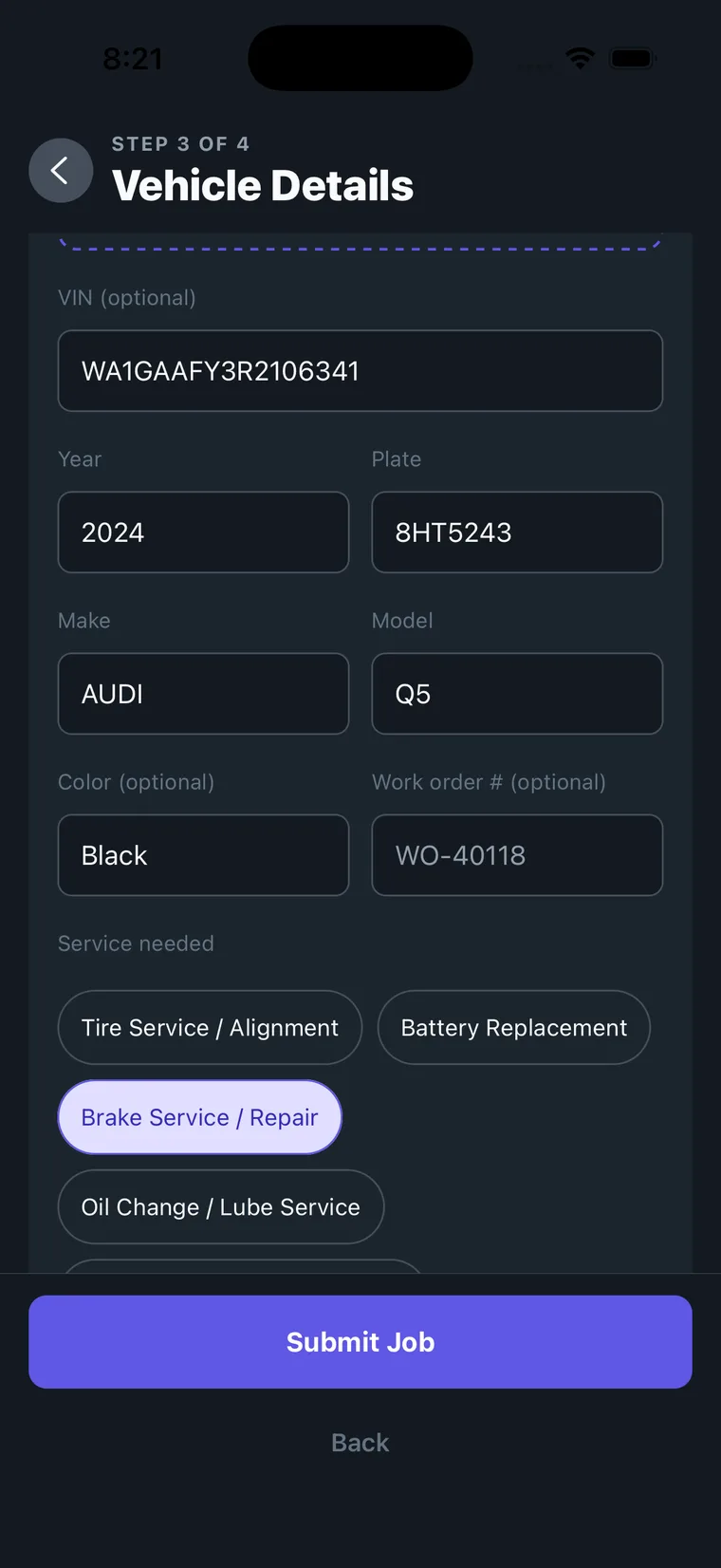 The vehicle fields with VIN, year, plate, make, model, color and work order number