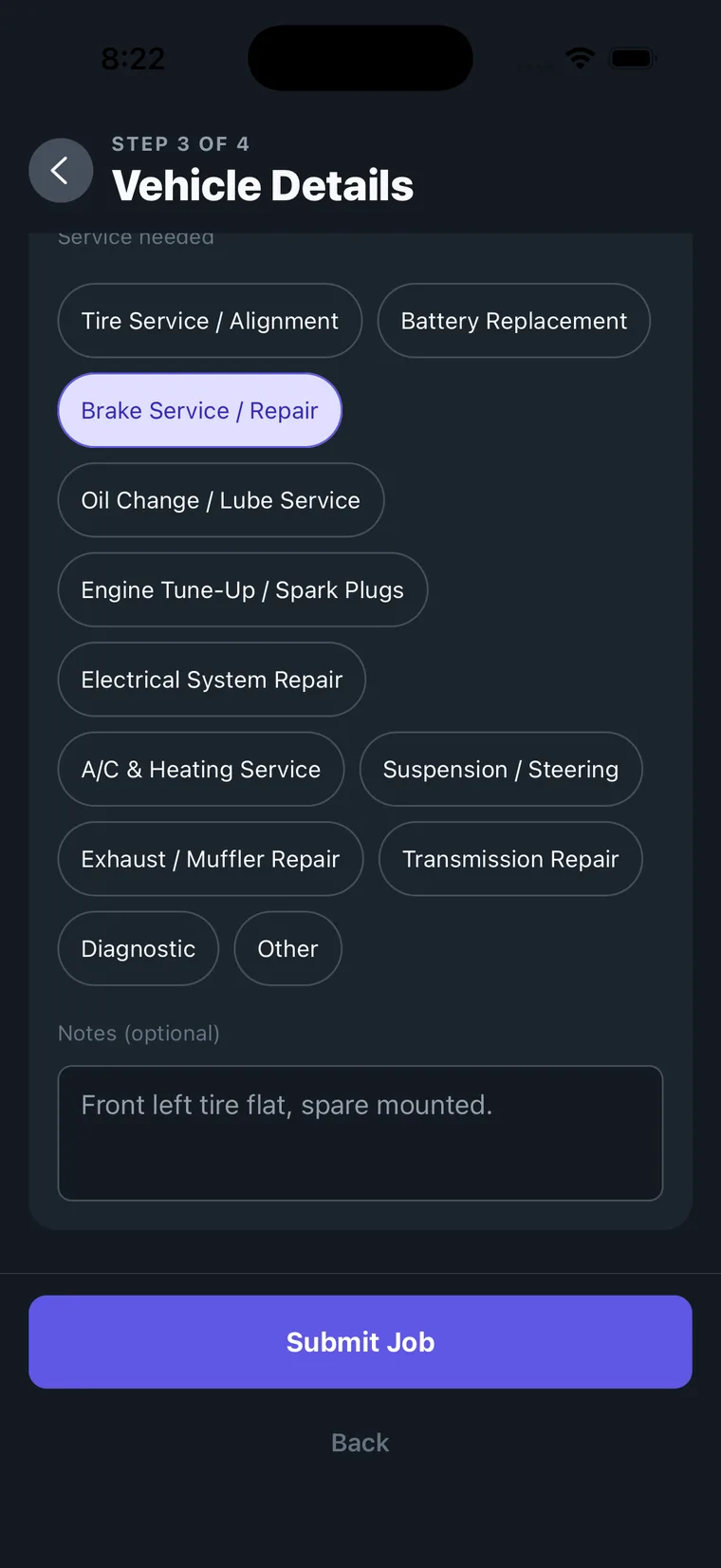 The service chips from tire and battery through to diagnostic and other, with an optional notes field