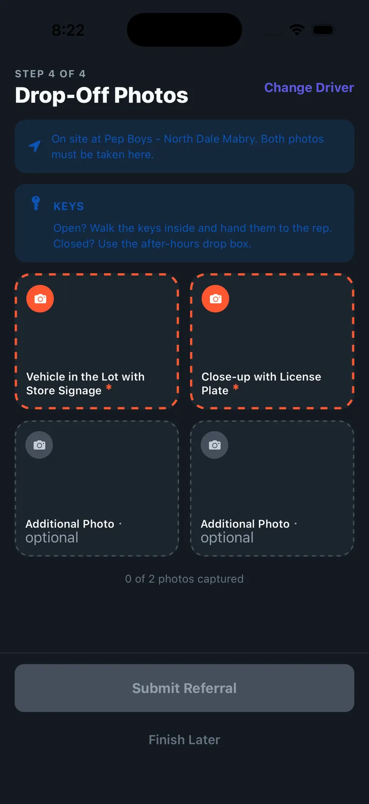 The drop-off photos screen with two required tiles, two optional tiles, a 0 of 2 counter and a Change Driver link