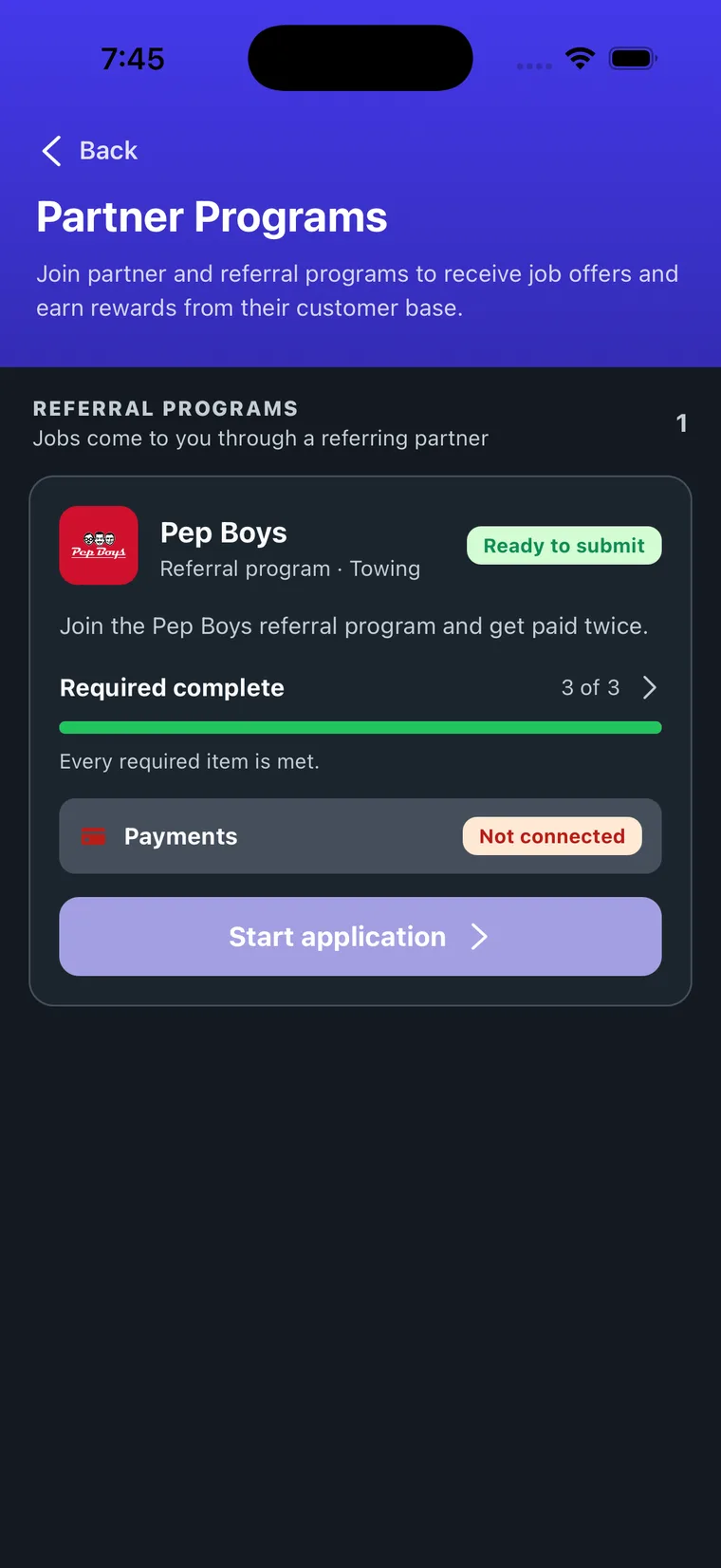 The Partner Programs screen with the Pep Boys card marked Ready to submit