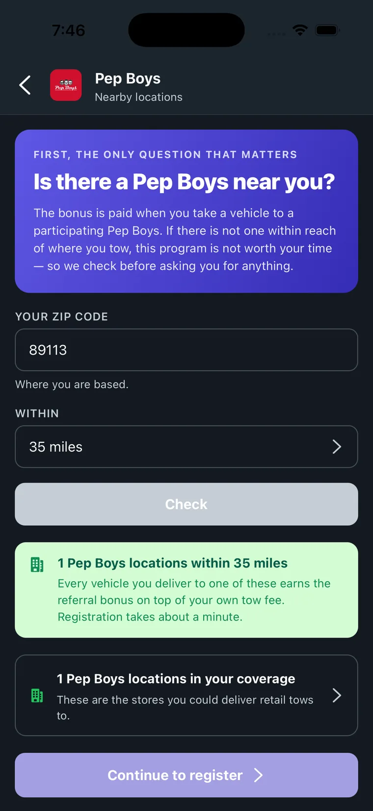 The nearby locations check on mobile showing one participating location within 35 miles