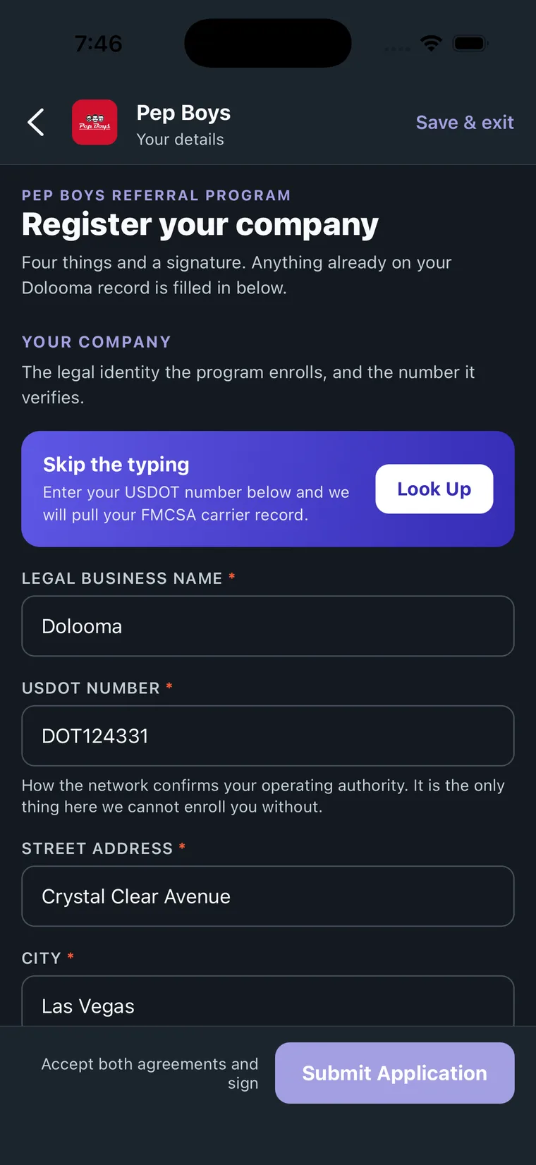 The Register your company screen on mobile with the USDOT lookup panel