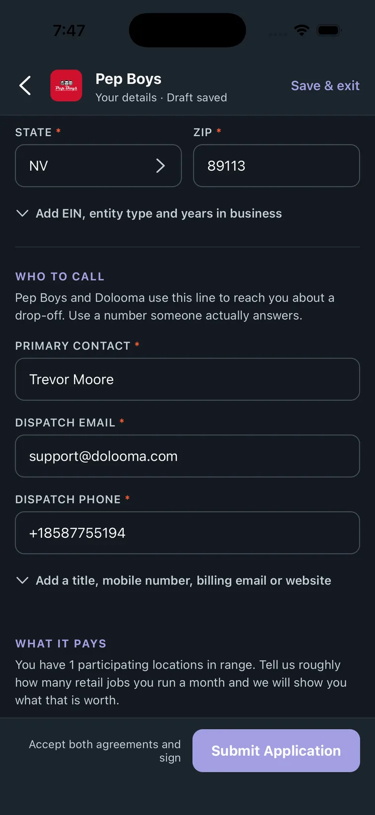 The Who to call section on mobile with contact, dispatch email and dispatch phone filled in