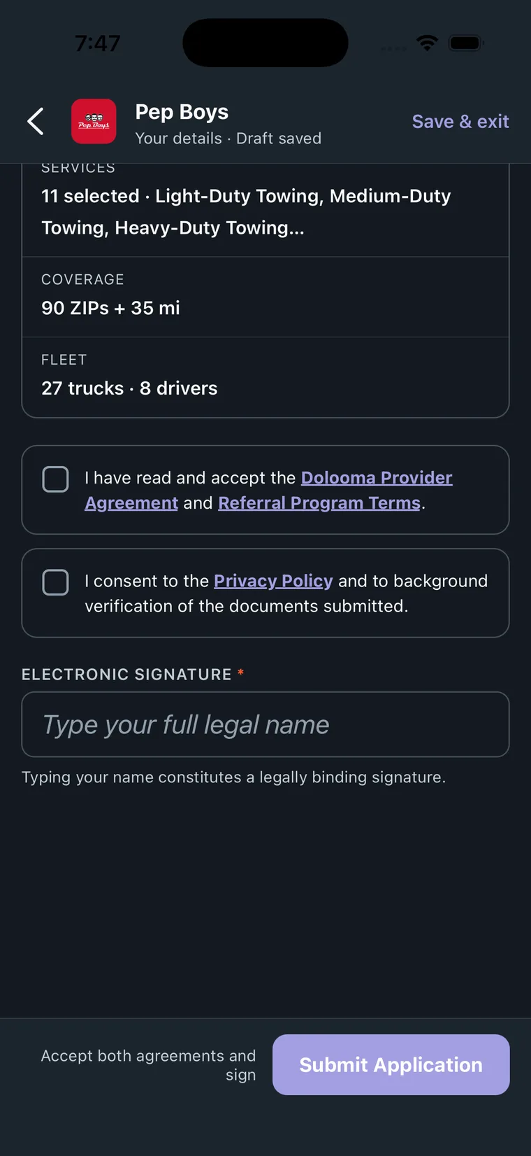 The agreement checkboxes, electronic signature field and Submit Application button on mobile