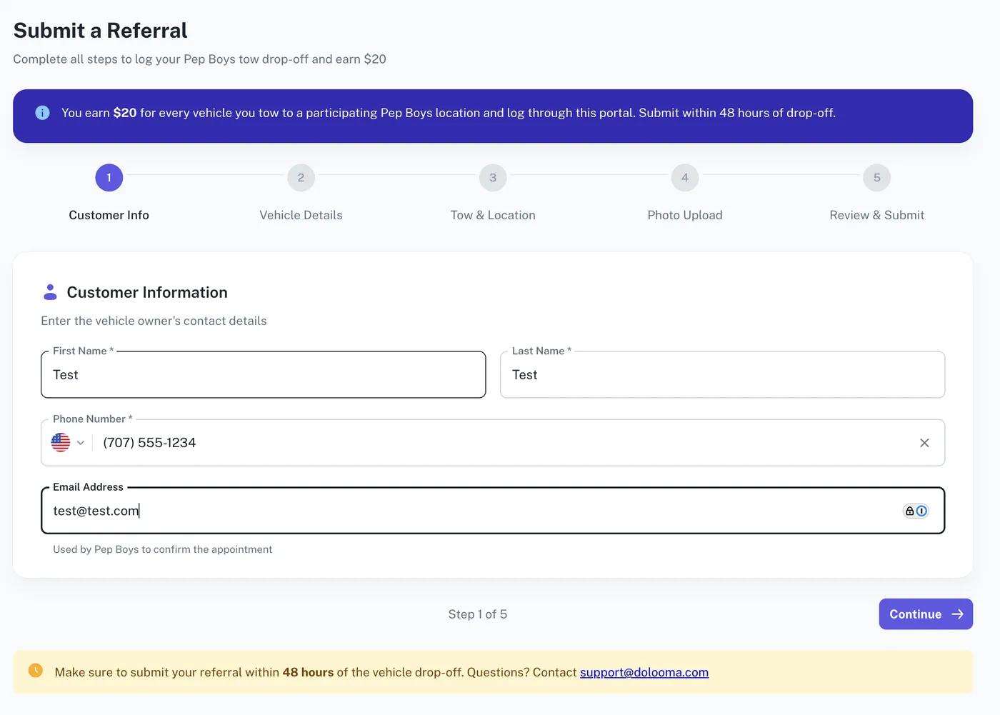 Step 1 of the referral form with customer name, phone and email