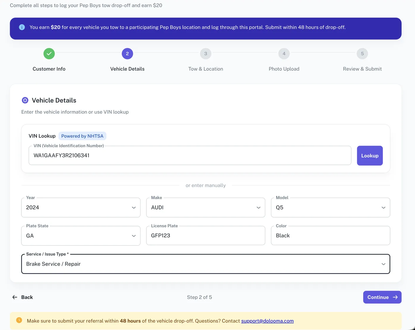 Step 2 with the VIN lookup panel and the manual year, make, model, plate and service type fields