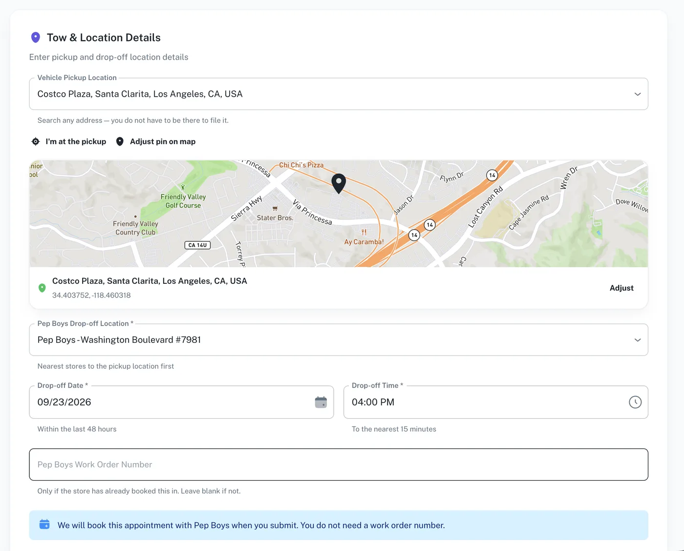 Step 3 showing the pickup search, map with pin, Pep Boys drop-off selector and drop-off date and time