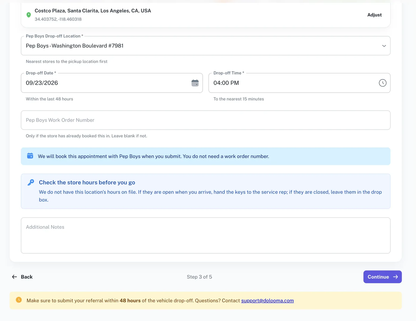 The work order field, the appointment booking note, the store hours warning and additional notes