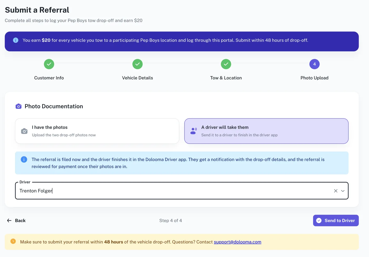 Step 4 with A driver will take them selected, a driver chosen, and the Send to Driver button