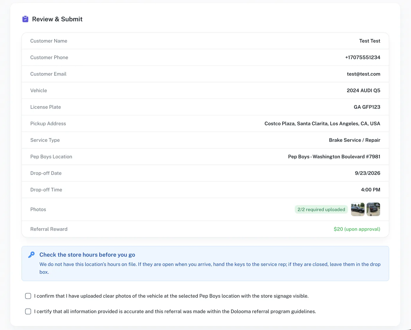 The review and submit summary with all details, photo thumbnails and the two confirmation checkboxes