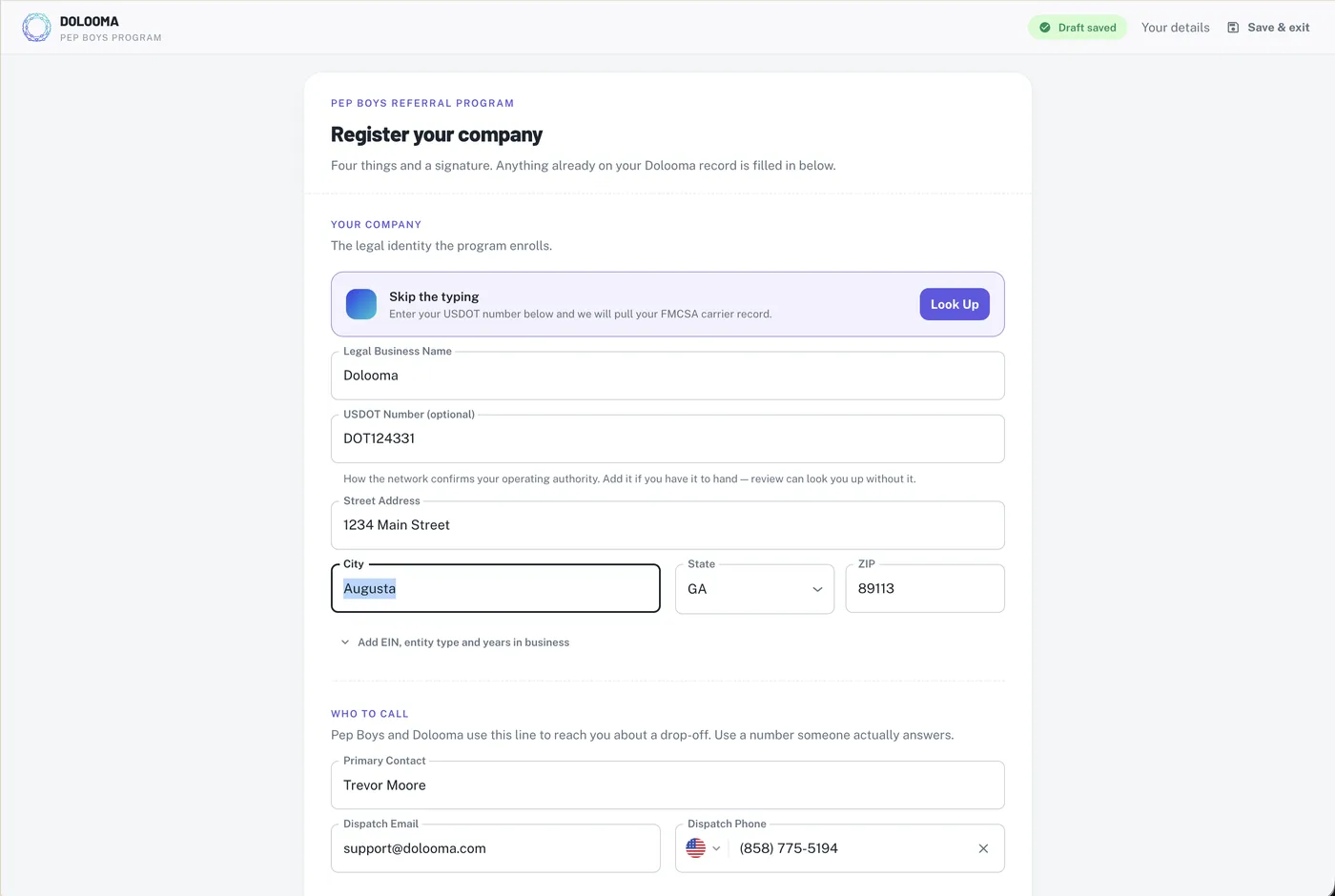 The Register your company screen with the USDOT lookup and company fields