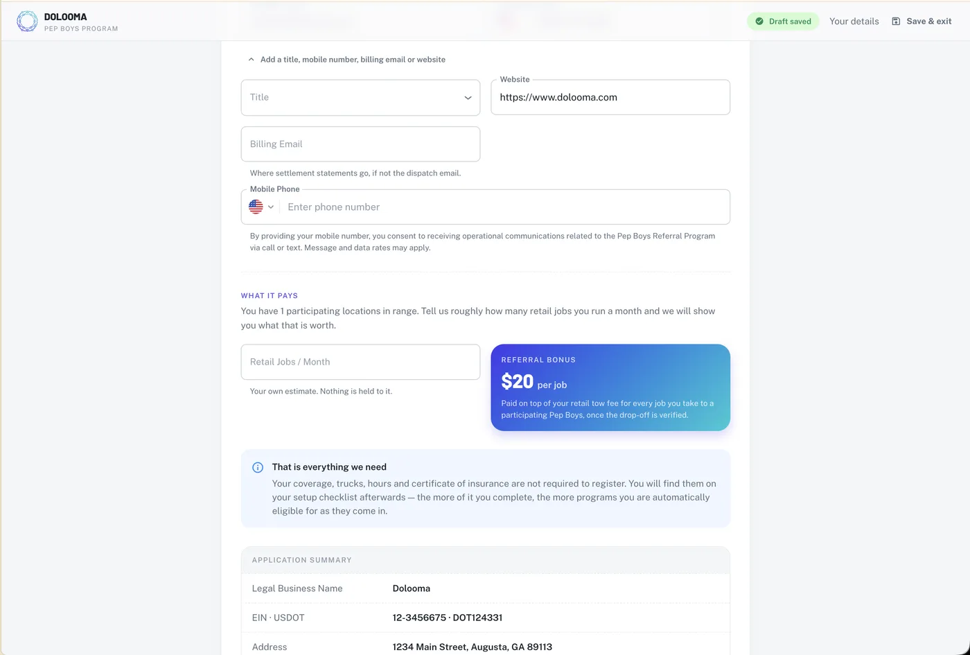 The optional contact fields, the retail jobs estimate, and the $20 per job panel