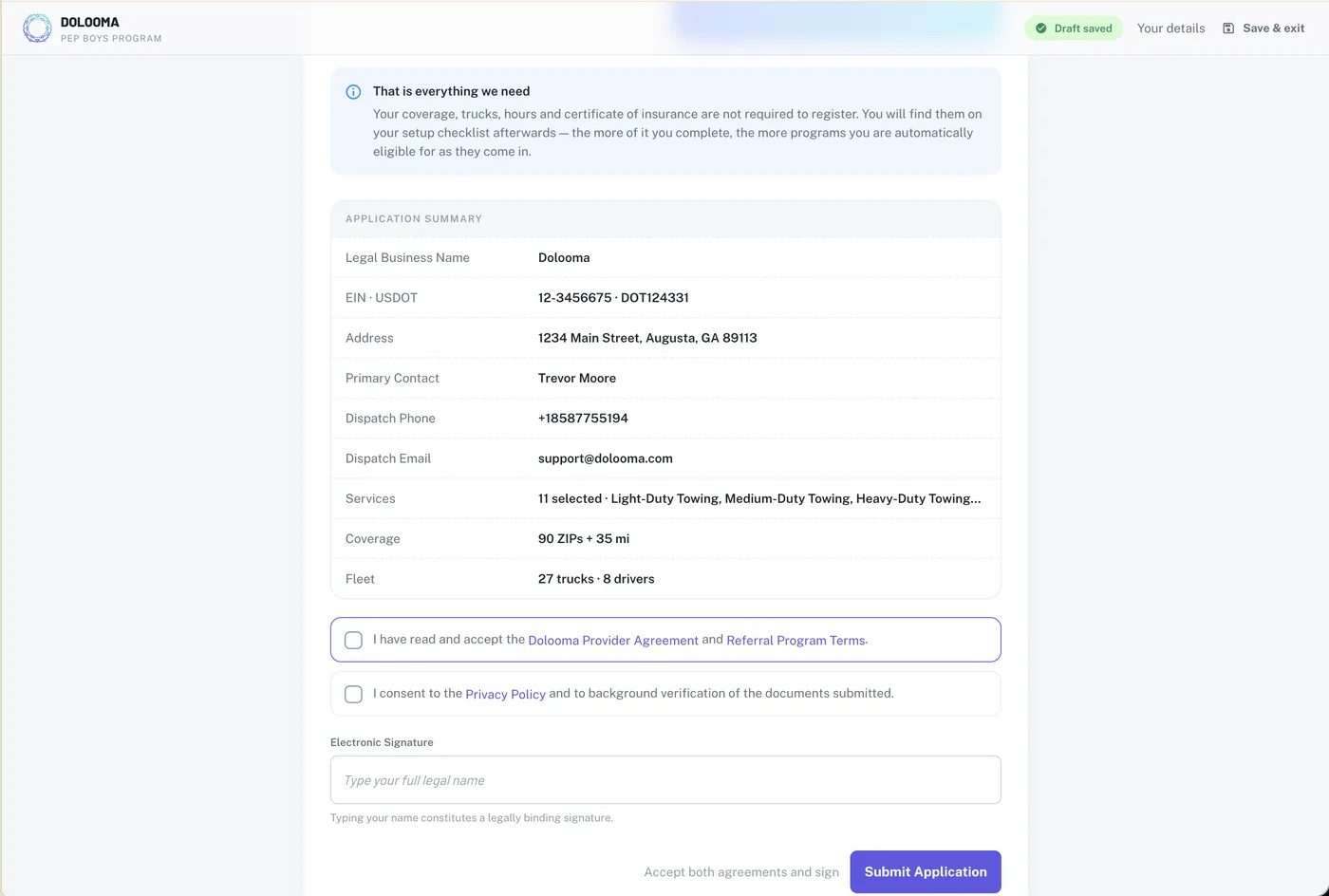 The application summary, both agreement checkboxes, and the electronic signature field